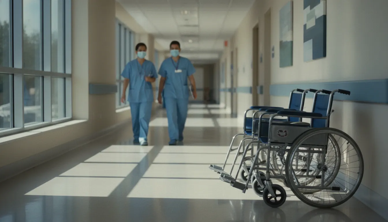 Quiet hospital corridor with empty wheelchairs and staff in scrubs walking in the background